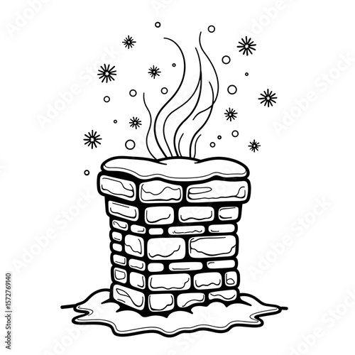 Snow-covered chimney with rising sparkles, kids' coloring book design