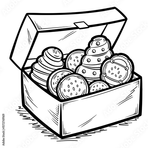 Box of assorted holiday cookies coloring page, kids activity fun printable
