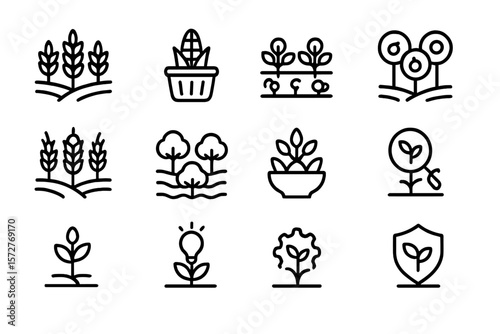 Agriculture symbols set on dark background: minimalist crop and plant icons in modern line style