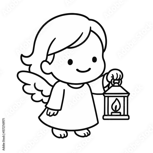 Angel Child Holding Lantern Line Art Illustration