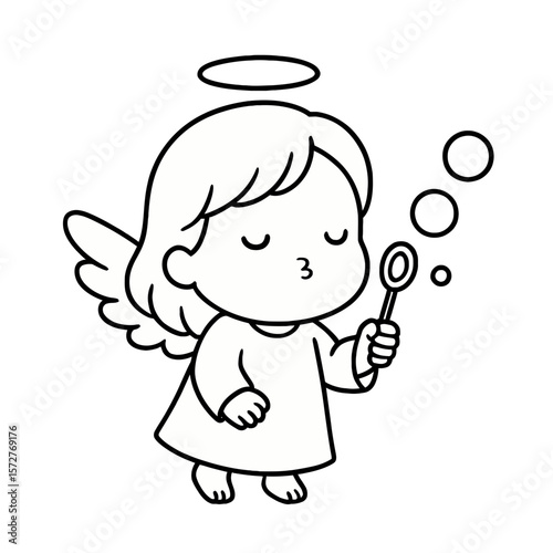 Angel Girl Blowing Soap Bubbles Line Art Illustration