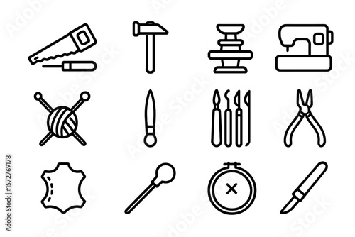 Crafting tools icons set: minimalist line art on dark background for creative projects