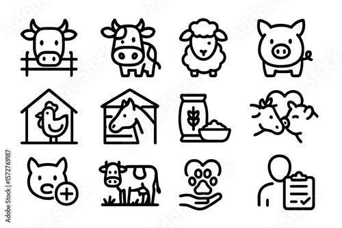 Charming farm animal icons: line art collection for agriculture and farming