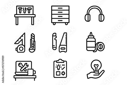 Set of minimalist workshop icons featuring tools, furniture, and technology elements
