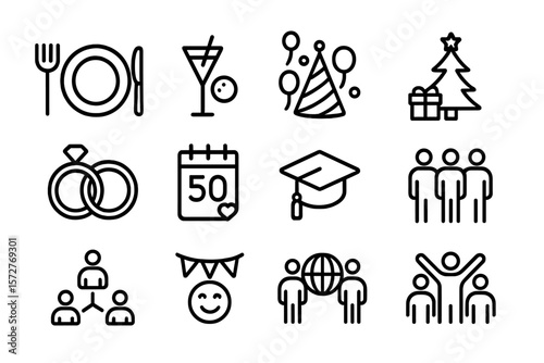 Celebration and milestones: minimalist icon set depicting events and social gatherings