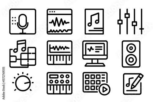 Music production icons set: instruments and sound tools line art