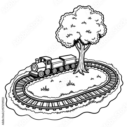 Toy train track winding around tree, hand-drawn coloring book illustration for kids