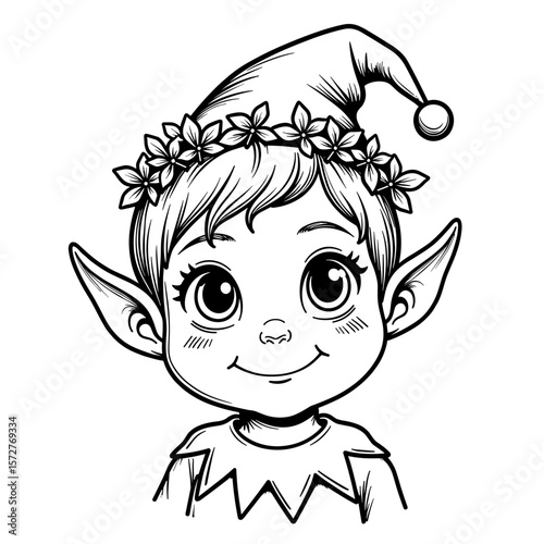 Mistletoe crown on smiling elf drawing, kids coloring book illustration