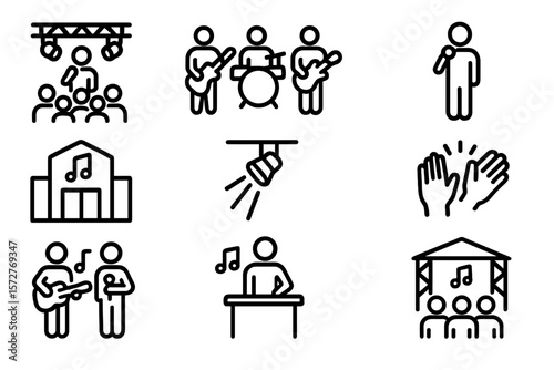 Concert icons set: music performance and entertainment symbols