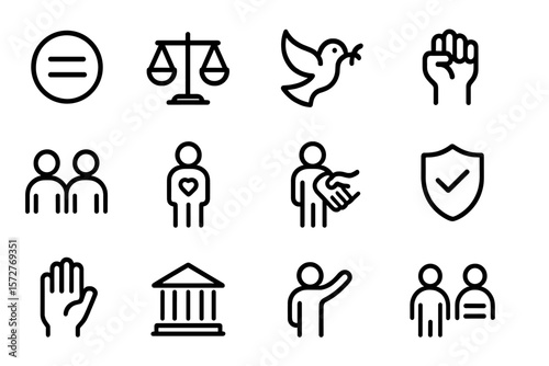 Minimalist linear justice icons set featuring peace, equality, and voting symbols