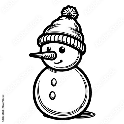 Wool hat on snowman’s head with pom-pom, kids coloring book white background
