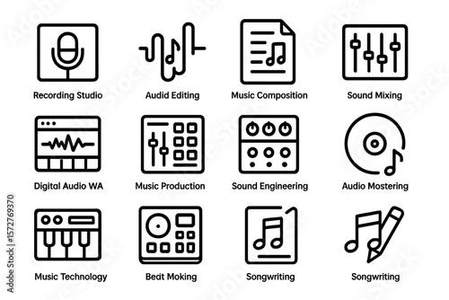 Music production line icons set for audio engineering and composition