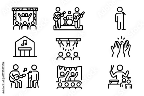 Minimalist music festival icons: concerts, bands, and fans in linear design