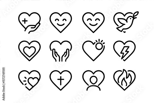 Black heart icon set: minimalistic and modern line art collection for love and care themes