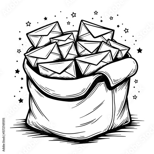 Mailbag of North Pole Envelopes for Kids, Black and White Coloring Page
