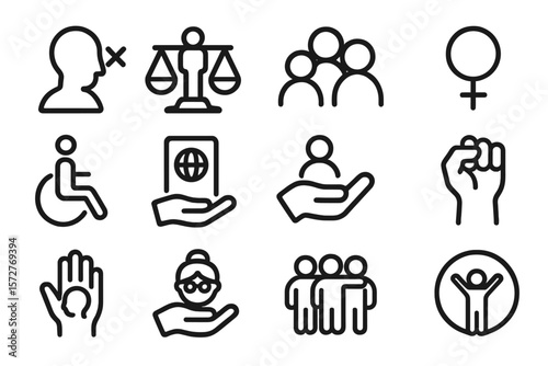Minimalist black icons on rights and social themes with soft gloss