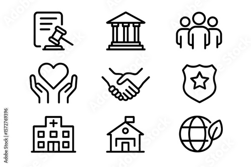 Linear civic symbols: law, community, education, and health icons