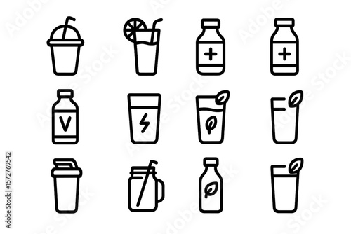 Modern line icons of various drink containers and bottles for beverage concepts