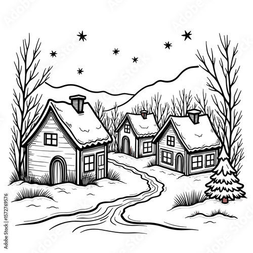 Open storybook with snowy village illustration – kids coloring page, winter scene