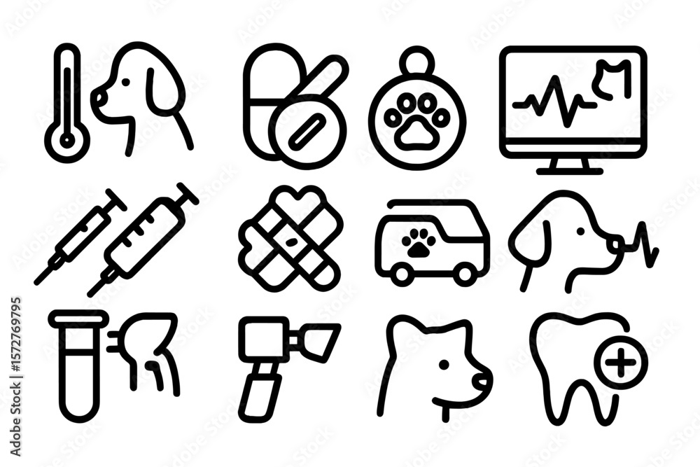 Pet care icons: medical and veterinary line art set