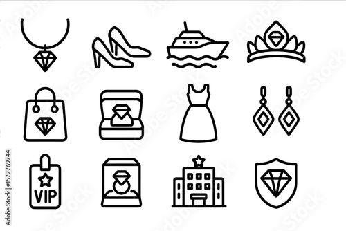 Elegant luxury icons: jewelry, fashion, and travel essentials in modern line art
