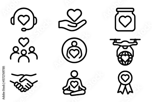 Minimalist heart icon set for wellness and support