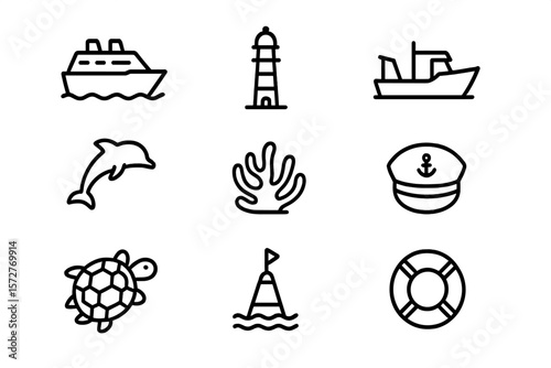Nautical icons set: marine symbols in simple outline style