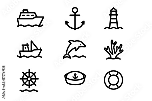 Nautical symbols collection: boats, anchor, lighthouse, and marine life icons