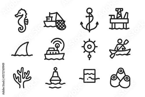 Marine icons set: nautical line art featuring fishing, navigation, and sea life elements