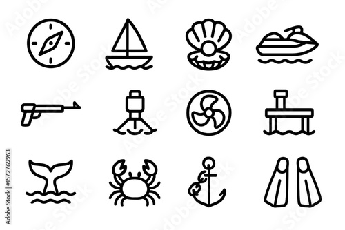 Minimalist nautical icons set featuring marine and sea travel elements