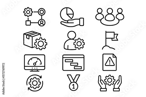 Set of linear business and teamwork icons on black background