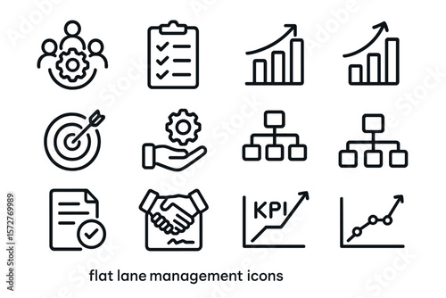 Flat lane management icons: strategic planning and analytics set