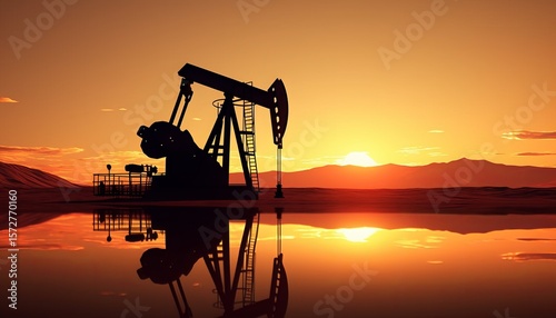 Crude oil pumpjack rig on desert silhouette in evening sunset, energy industrial machine for petroleum gas production background   photo
