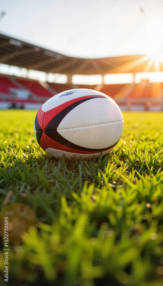 Rugby ball resting on green grass in stadium during sunset Rugby ball resting on green grass in stadium during sunset