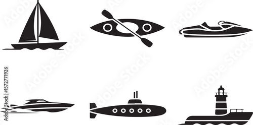 "Set of 6 Solid Black Icons Representing Various Watercraft and Nautical Elements".