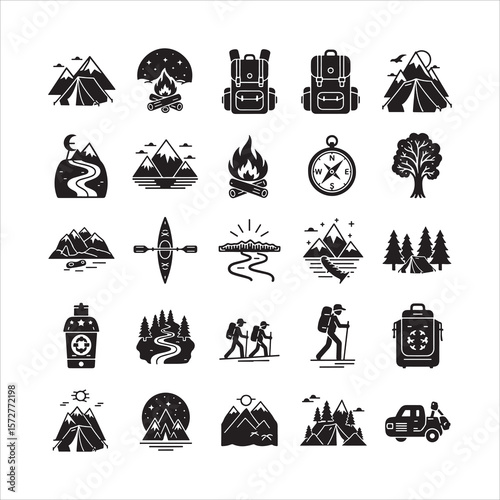 Icon set of camping and outdoor adventure with black glyph symbols for wilderness activities.