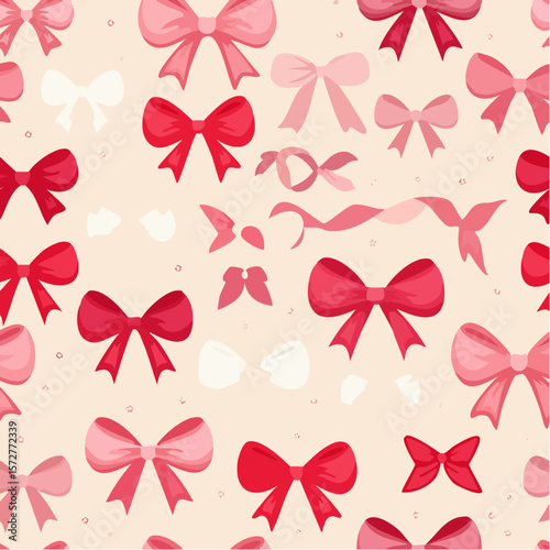 Seamless vector banner with cute coquette bows. Background with trendy red, pink and white ribbons. Pattern with silk tape accessories. Girly texture for wallpaper, wrapping paper, textile ...