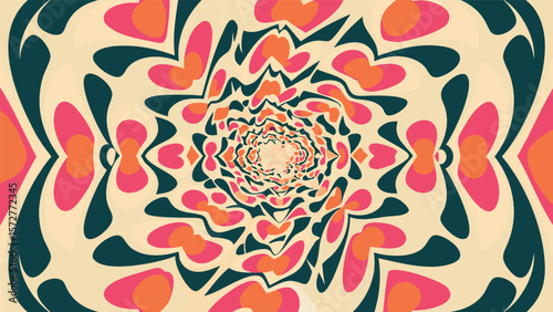 Abstract kaleidoscopic pattern with teal pink and orange shapes creating a tunnel effect