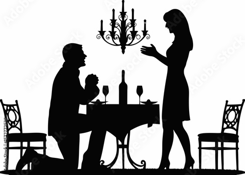 Silhouette of a Romantic Engagement Proposal at Dinner Table - Couple Art Sticker