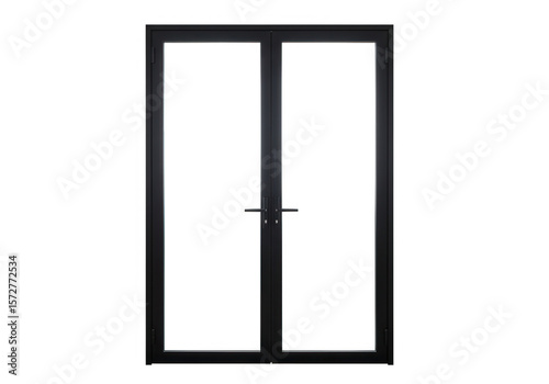 A modern black double door with glass panels stands isolated against a transparent background