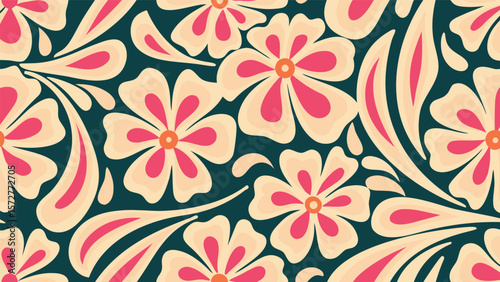 Floral pattern with light yellow petals and pink accents on a dark teal background creating a seamless design
