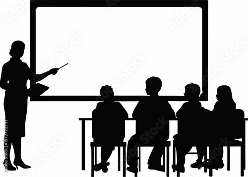 Teacher Silhouette Speaking to Students – Chalkboard Classroom School Education Design