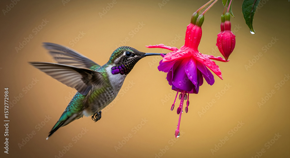 Fototapeta premium Hummingbird in flight, feeding from fuchsia flower, wings blurred, showcasing vibrant colors and natural grace, representing wildlife beauty and nature's balance