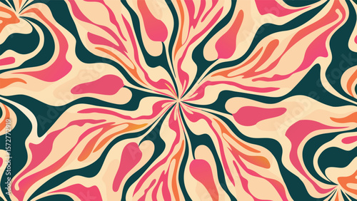 Abstract psychedelic floral pattern with pink orange and dark green swirling shapes radiating outward