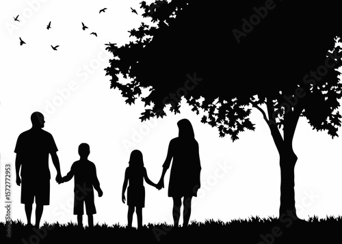 Family of four holding hands walking together - silhouette for parenting, bonding, togetherness, and family lifestyle sticker designs.