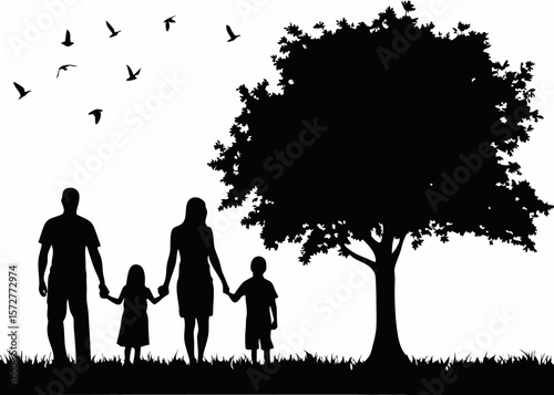 Happy family of four walking together - clean silhouette for caring, family unity, and emotional lifestyle sticker collections.