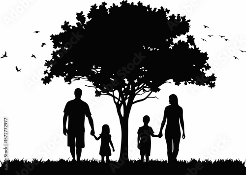 Parent and children walking hand-in-hand - family silhouette perfect for unity, love, family walk scenes, and nurturing themes.