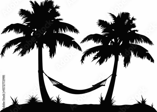 Silhouette of hammock under palm trees - chill vacation scene for slow living, tropical island vibes, and relaxation merch art.