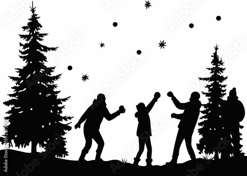 Joyful snowball fight silhouette - winter fun scene ideal for Christmas, childhood play, family snow activities, and festive seasonal sticker designs.