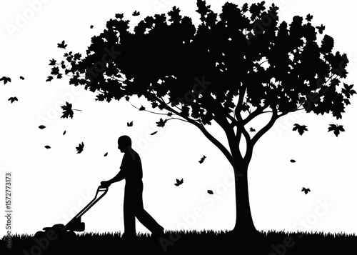 Silhouette of man mowing lawn under a large tree - perfect for gardening, yard care, landscaping tools, and peaceful backyard maintenance stickers.